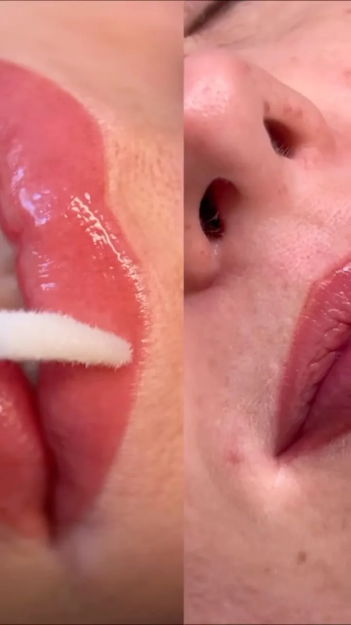 Two-panel lip blush: pigment application beside the healed result