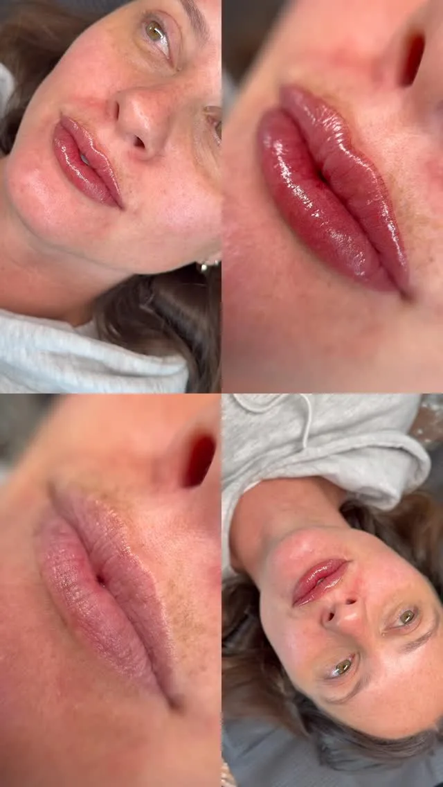 Four-panel collage showing healed lip blush results at close and mid distance