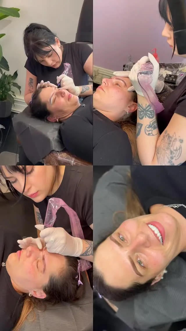 Close-up cosmetic tattoo result — defined natural brow, warm studio light